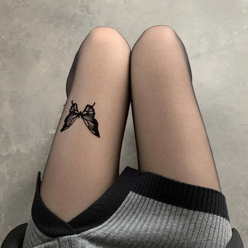 Butterfly print sheer mesh solid tights