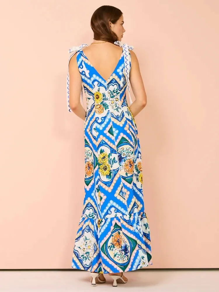 By Nicola Adoncia Tie Shoulder Maxi Dress In Azure Floral Size 10