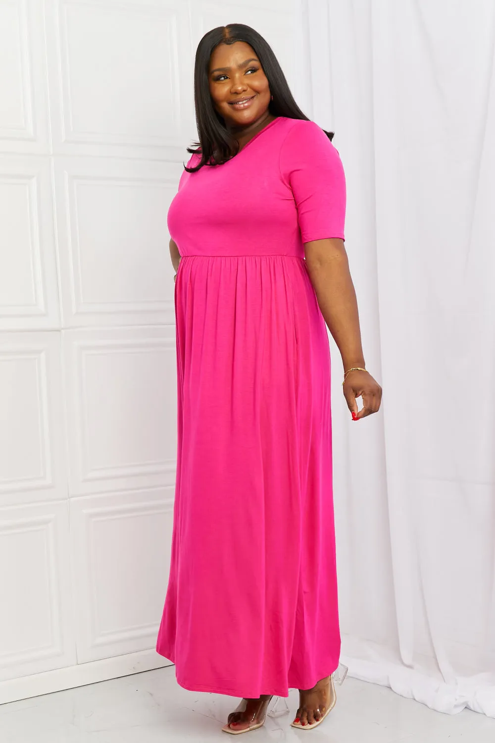 Celeste Sweetheart Full Size Short Sleeve Maxi Dress in Hot Pink