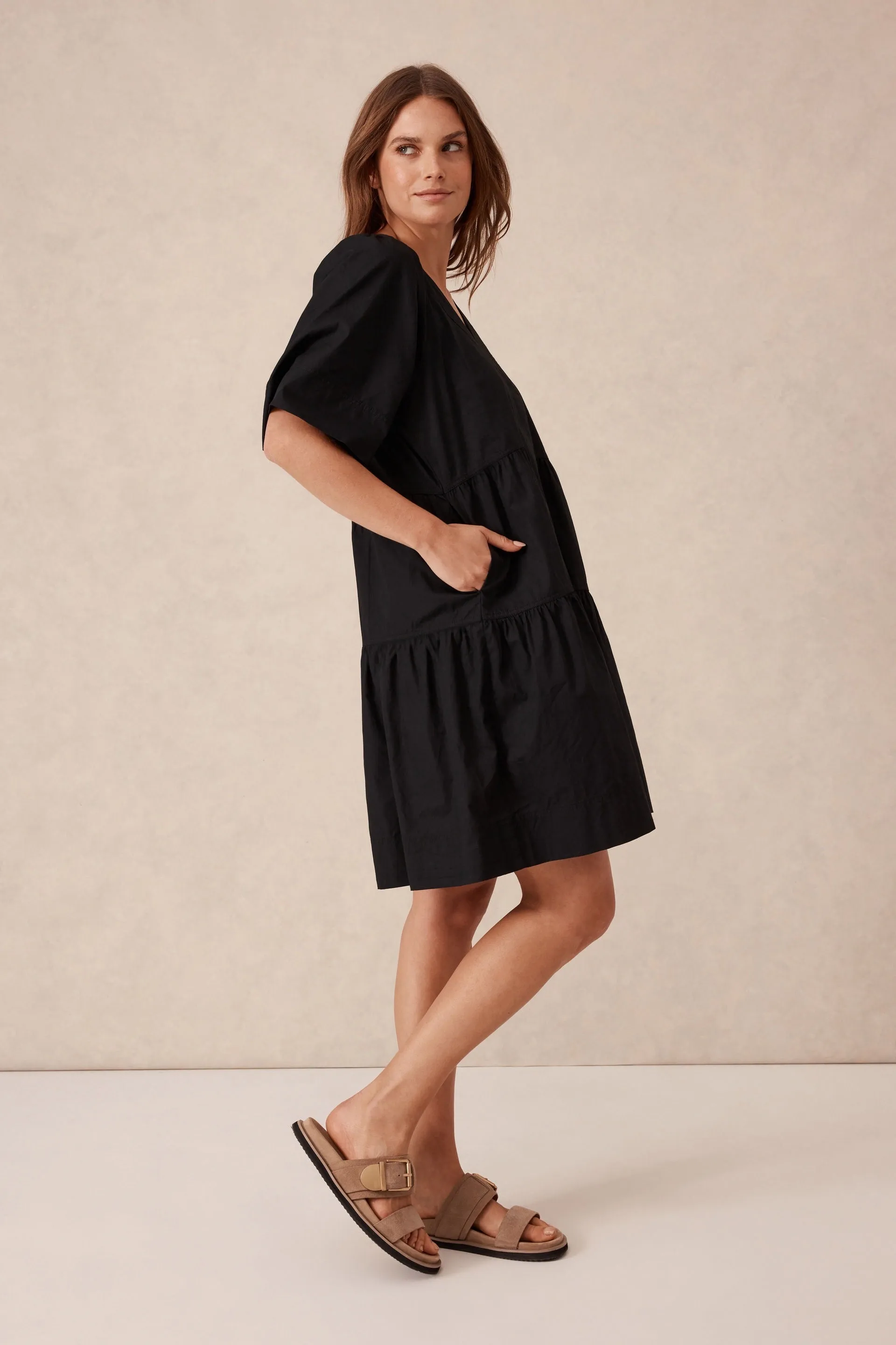 Ceres Life Tiered Poplin Mini Dress/Black