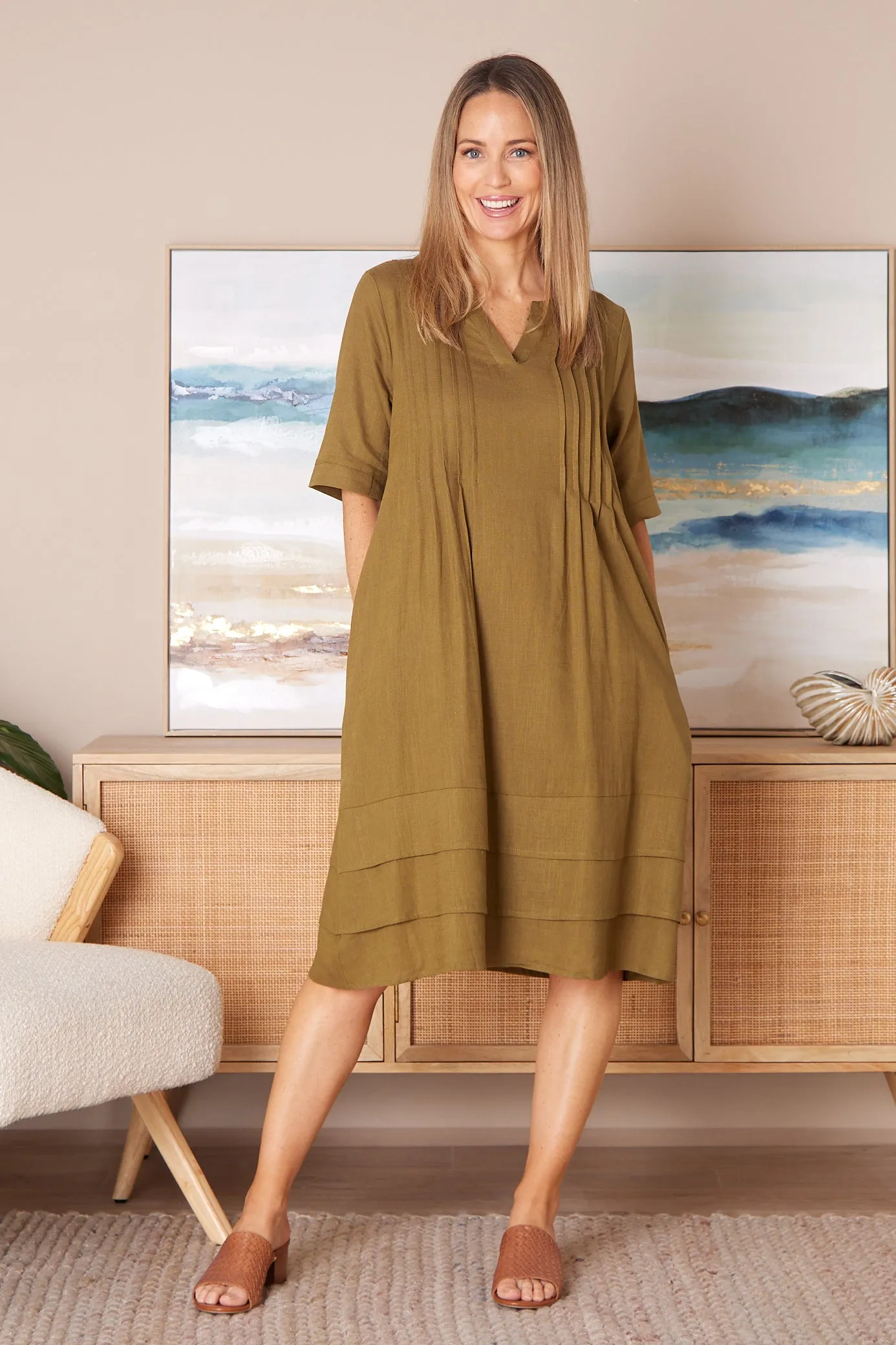 Chester Linen Dress - Olive