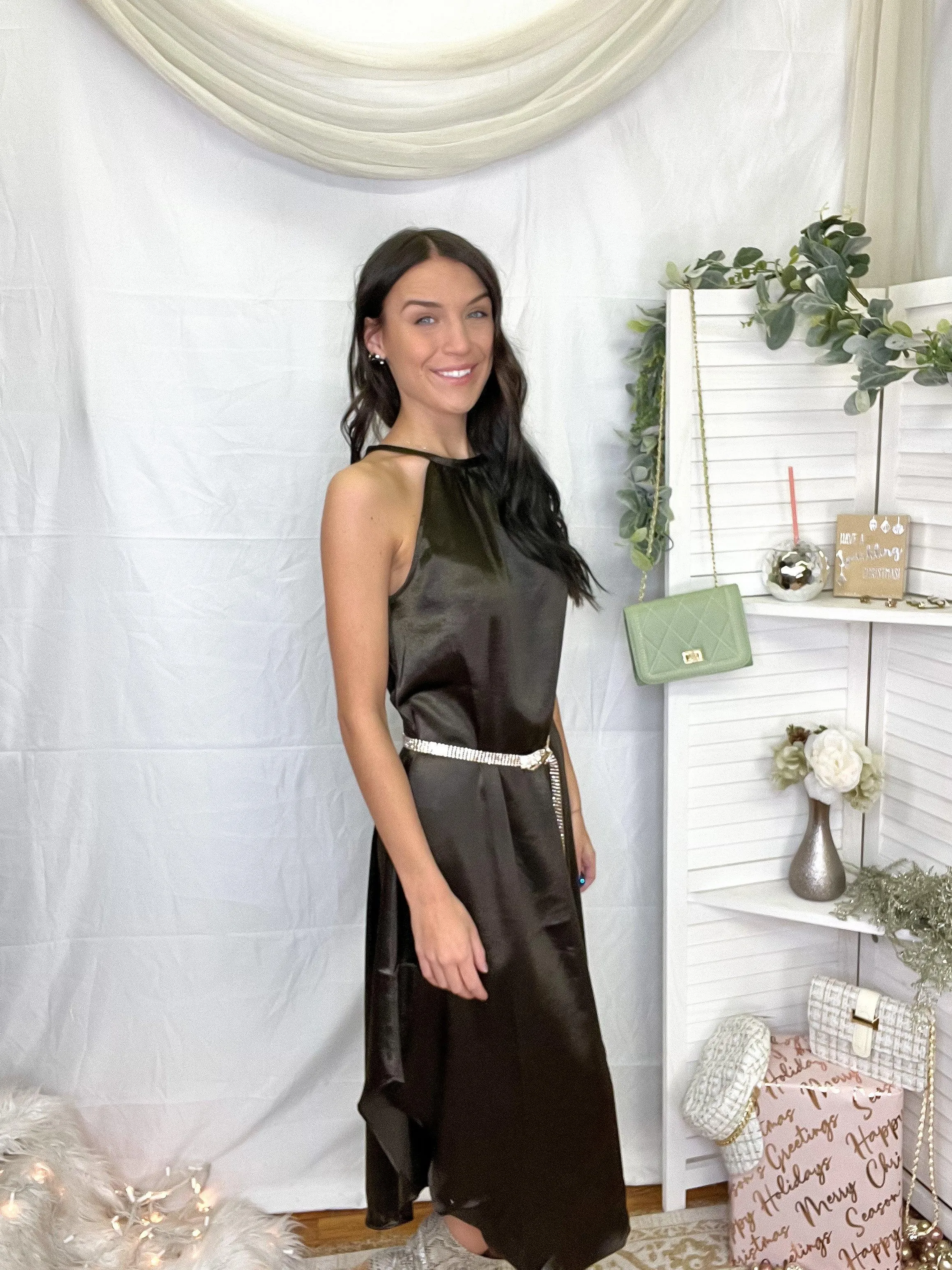 Chocolate Halter Neck Asymmetrical Maxi Dress