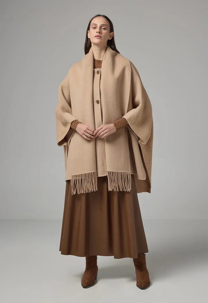 Choice Winter Wool Poncho With Non Detachable Scarf Beige