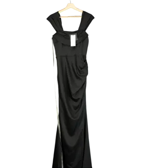 CLUBL Black Bardot Fishtail Satin Maxi Dress UK 10