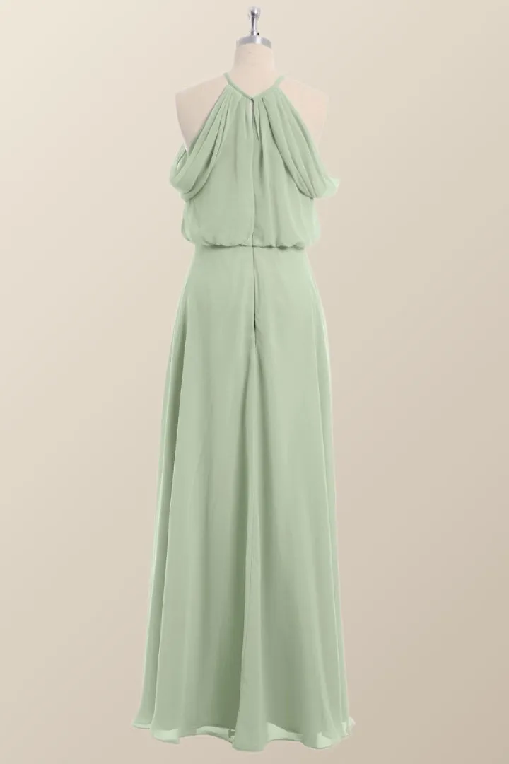 Cold Sleeve Sage Green Blouson Chiffon Long Bridesmaid Dress