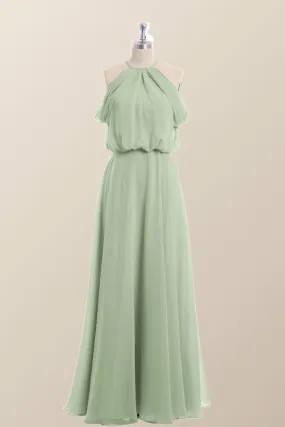 Cold Sleeve Sage Green Blouson Chiffon Long Bridesmaid Dress