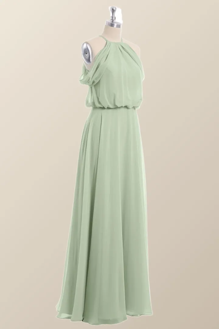 Cold Sleeve Sage Green Blouson Chiffon Long Bridesmaid Dress