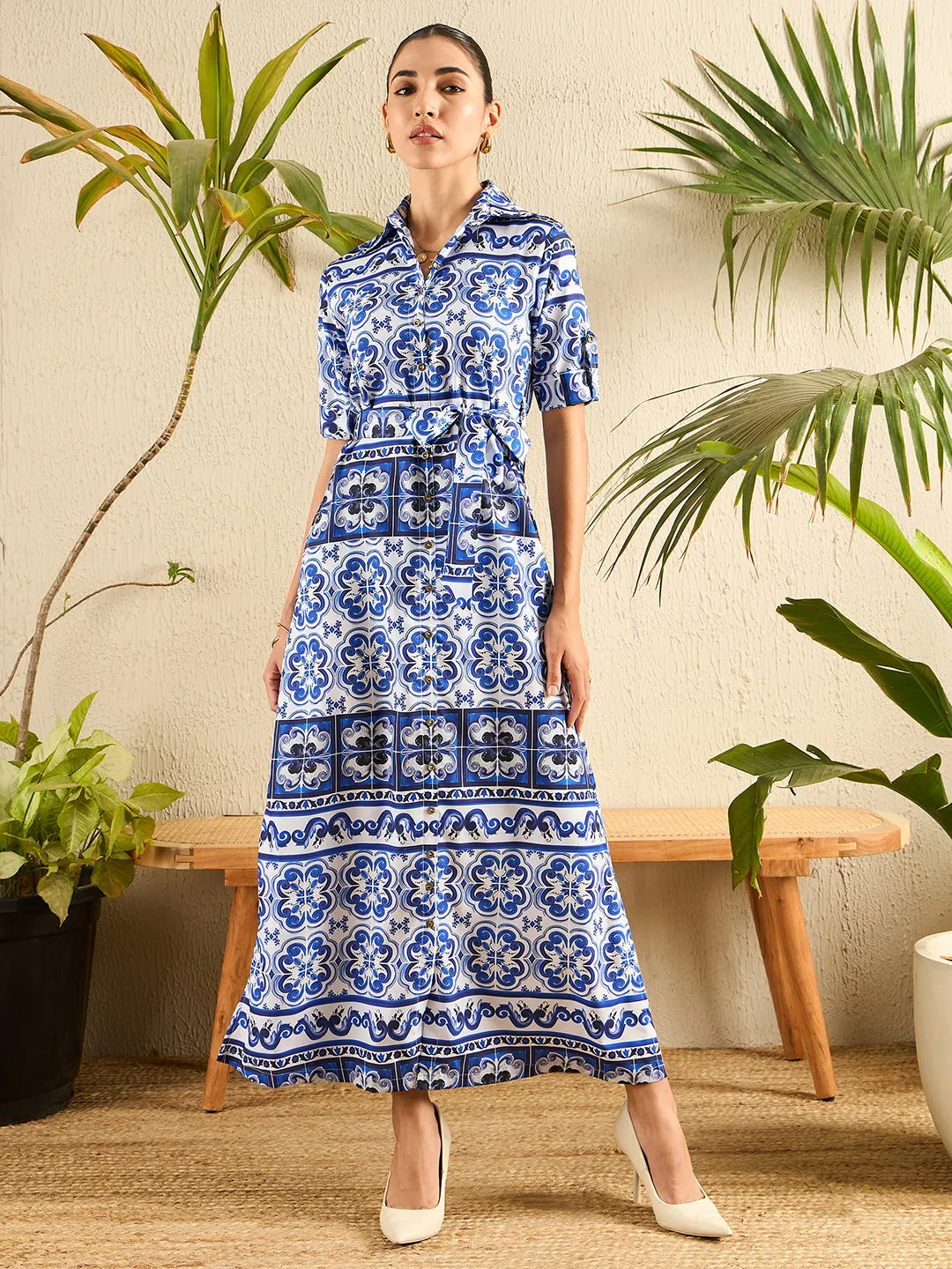 Collar Buttoned Down Printed Shirt Maxi Dress