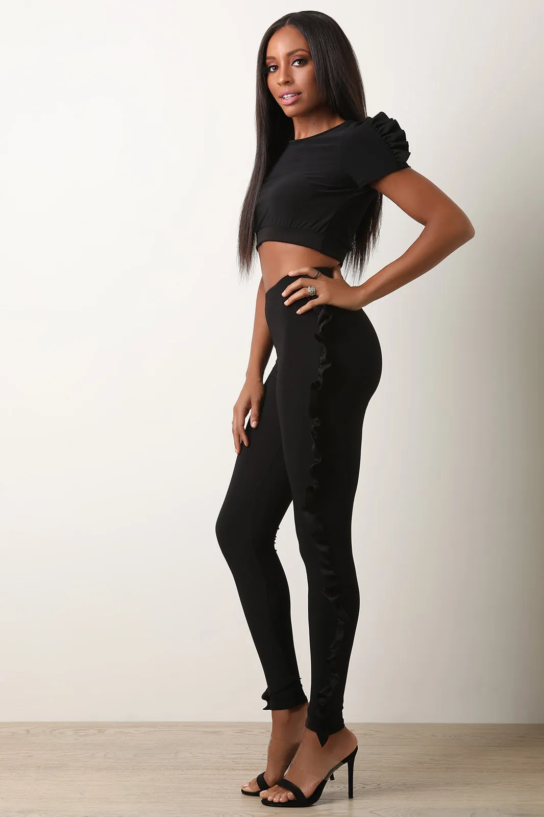 Contrast Ruffle Trim Crop Top With Matching Pants Set