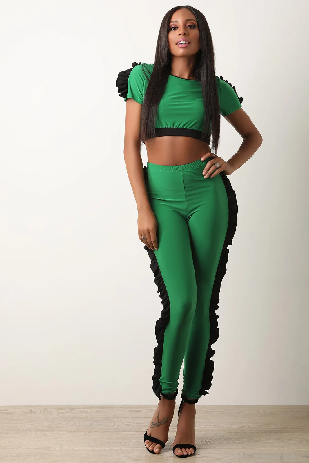 Contrast Ruffle Trim Crop Top With Matching Pants Set