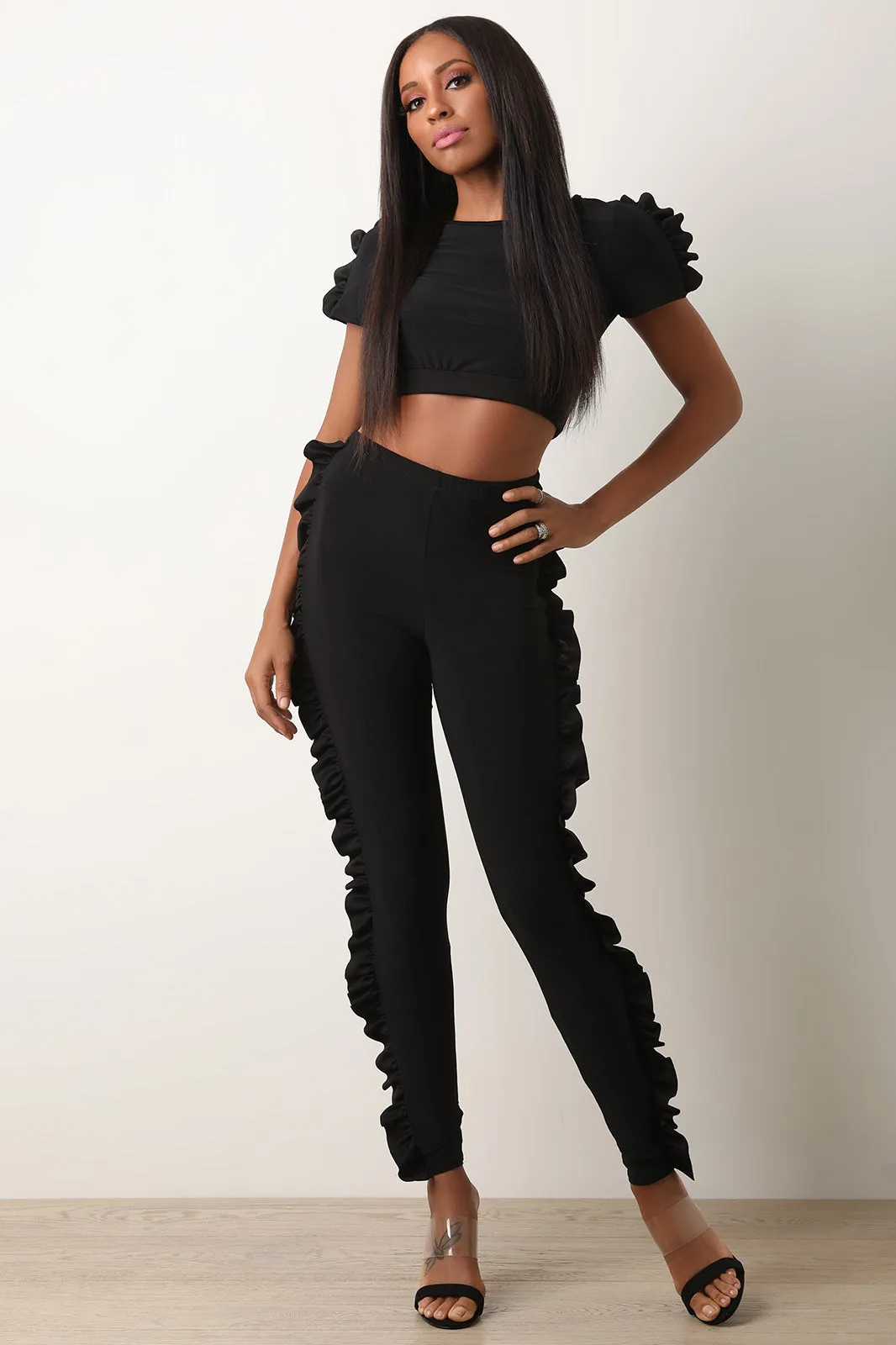 Contrast Ruffle Trim Crop Top With Matching Pants Set