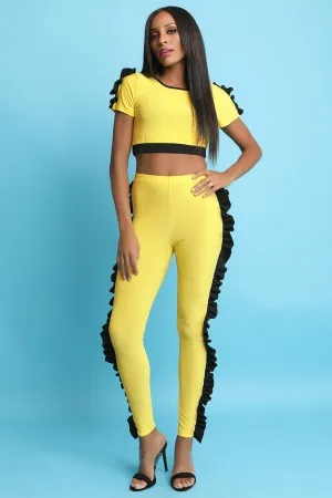 Contrast Ruffle Trim Crop Top With Matching Pants Set