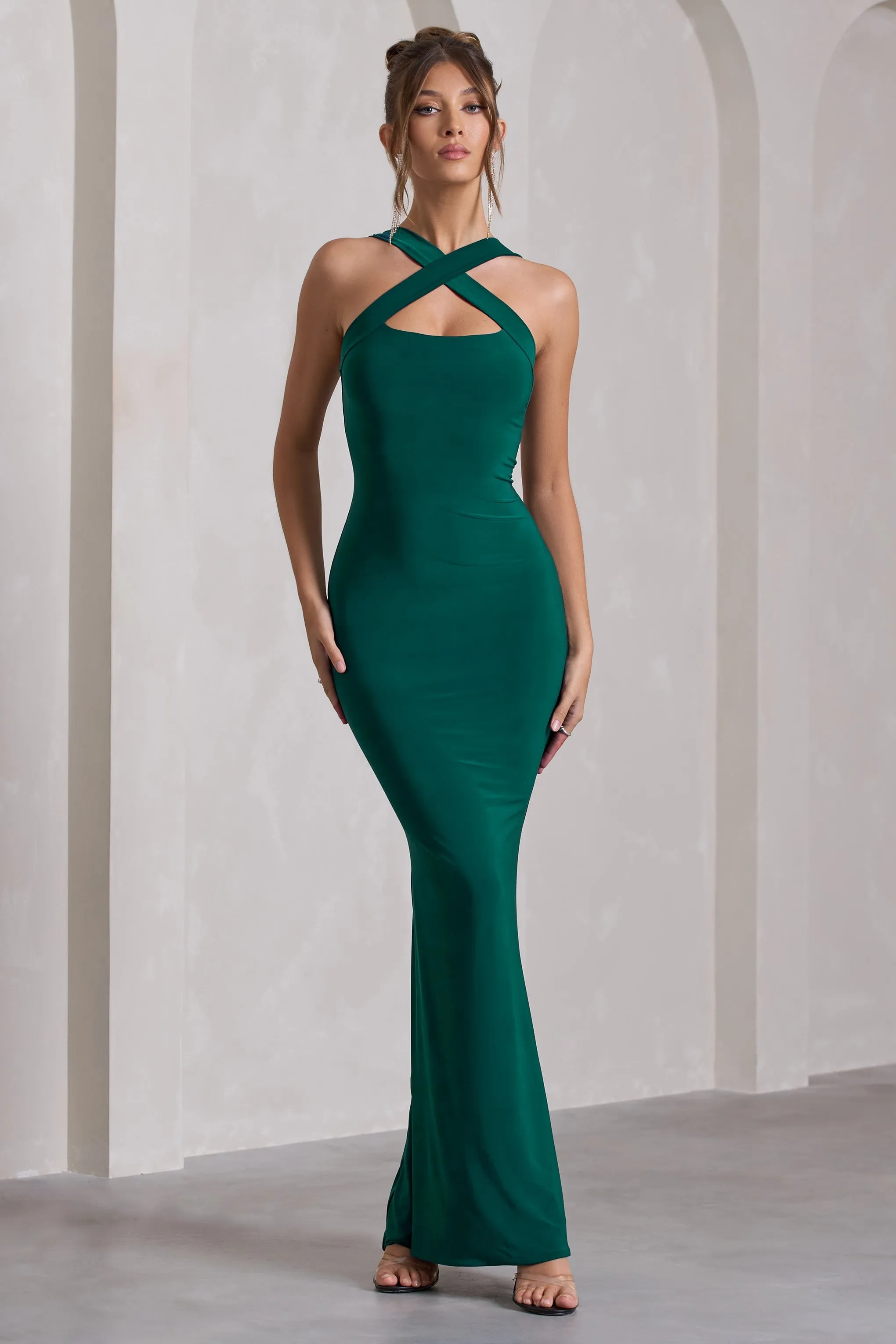 Cross My Heart | Bottle Green Sleeveless Cross-Neck Maxi Dress