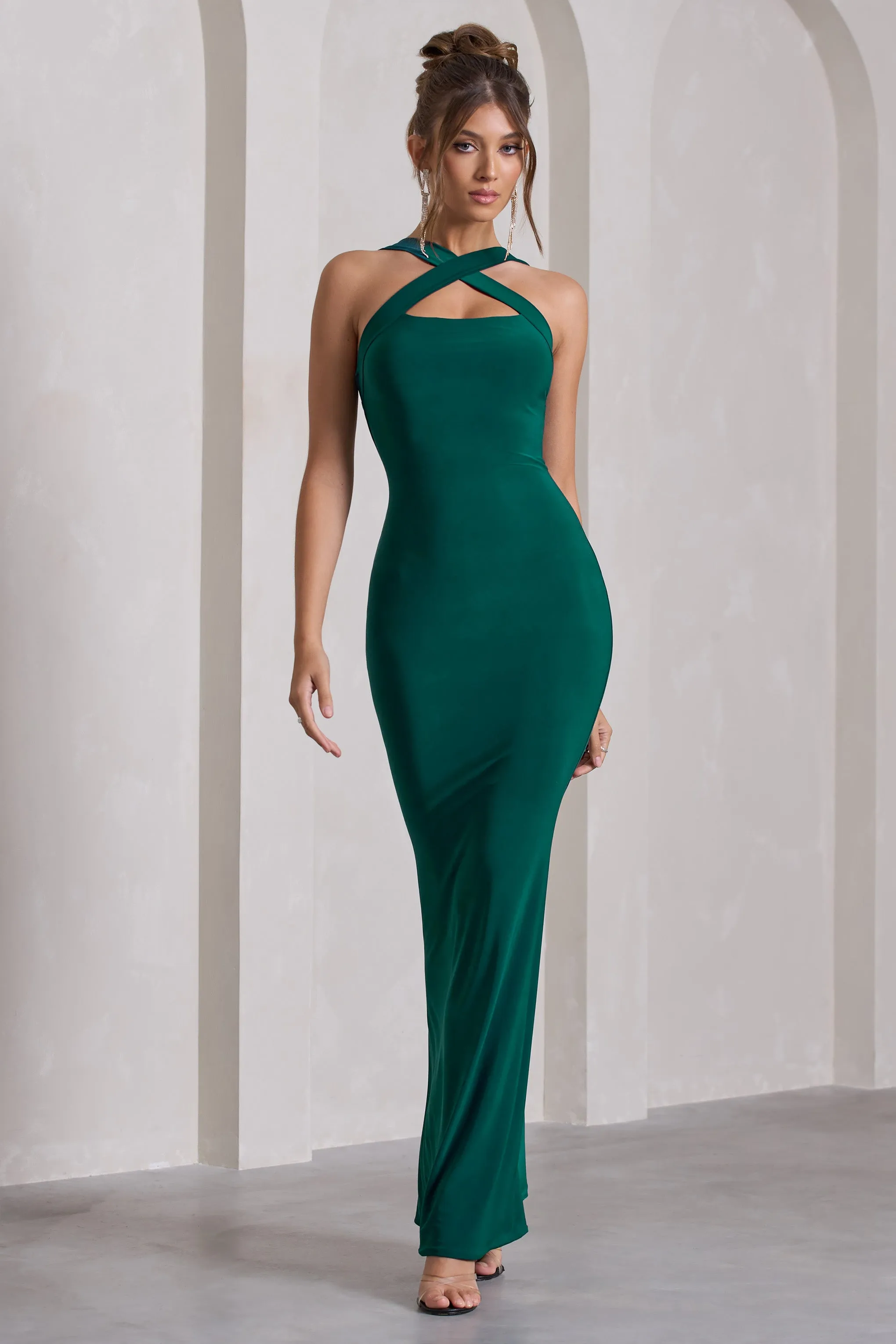 Cross My Heart | Bottle Green Sleeveless Cross-Neck Maxi Dress