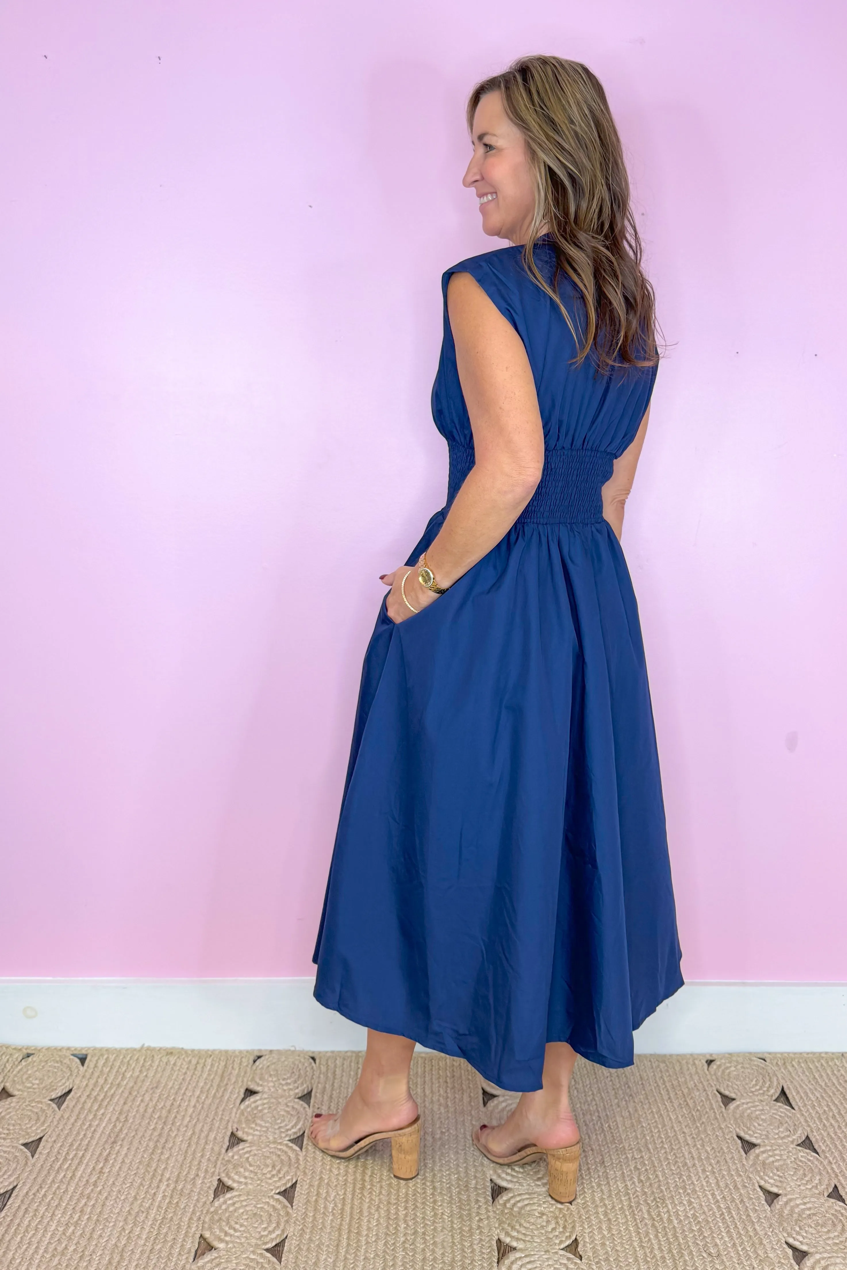 Cross My Mind Navy Zip Front Midi Dress