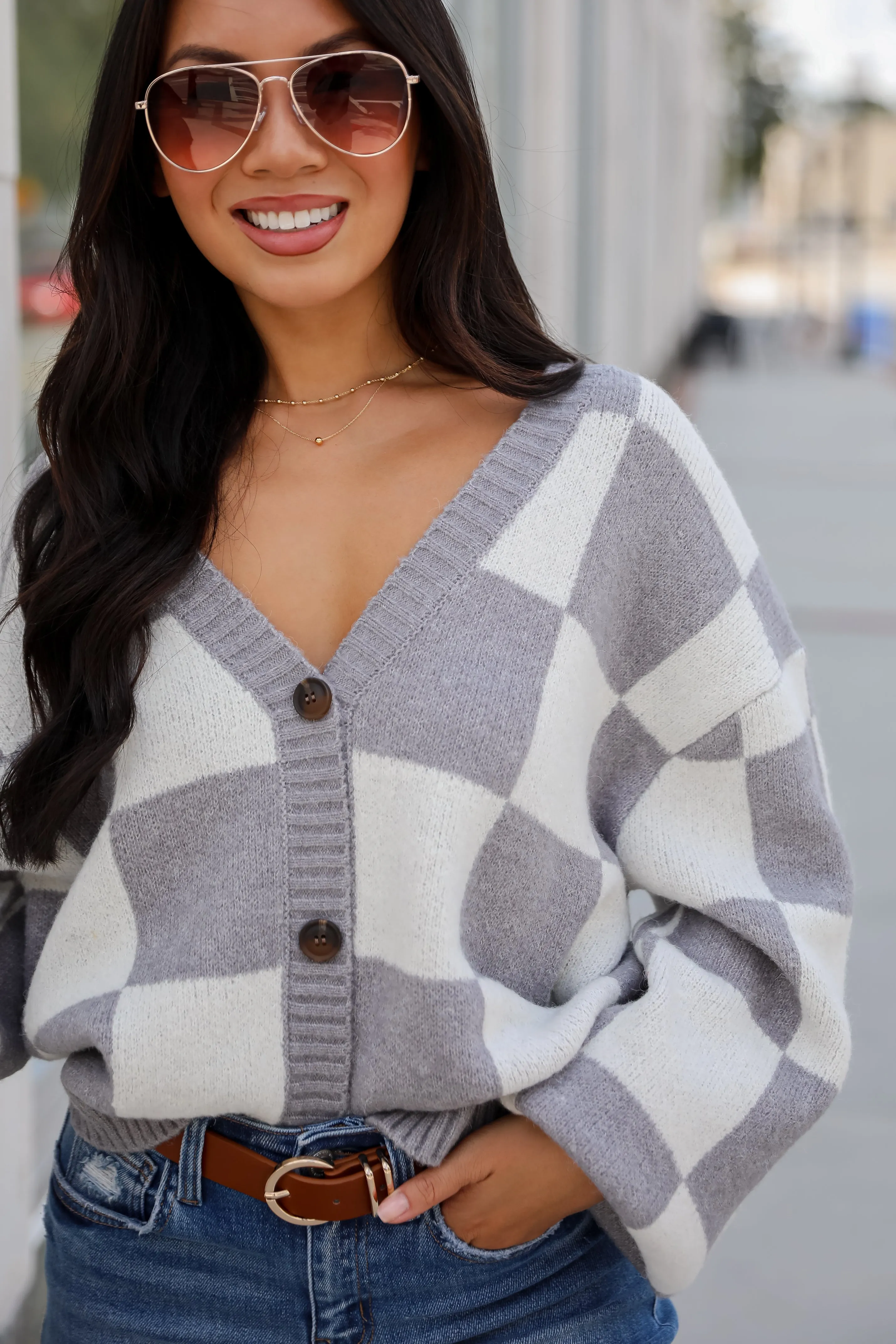 Cuddly Effect Checkered Sweater Cardigan