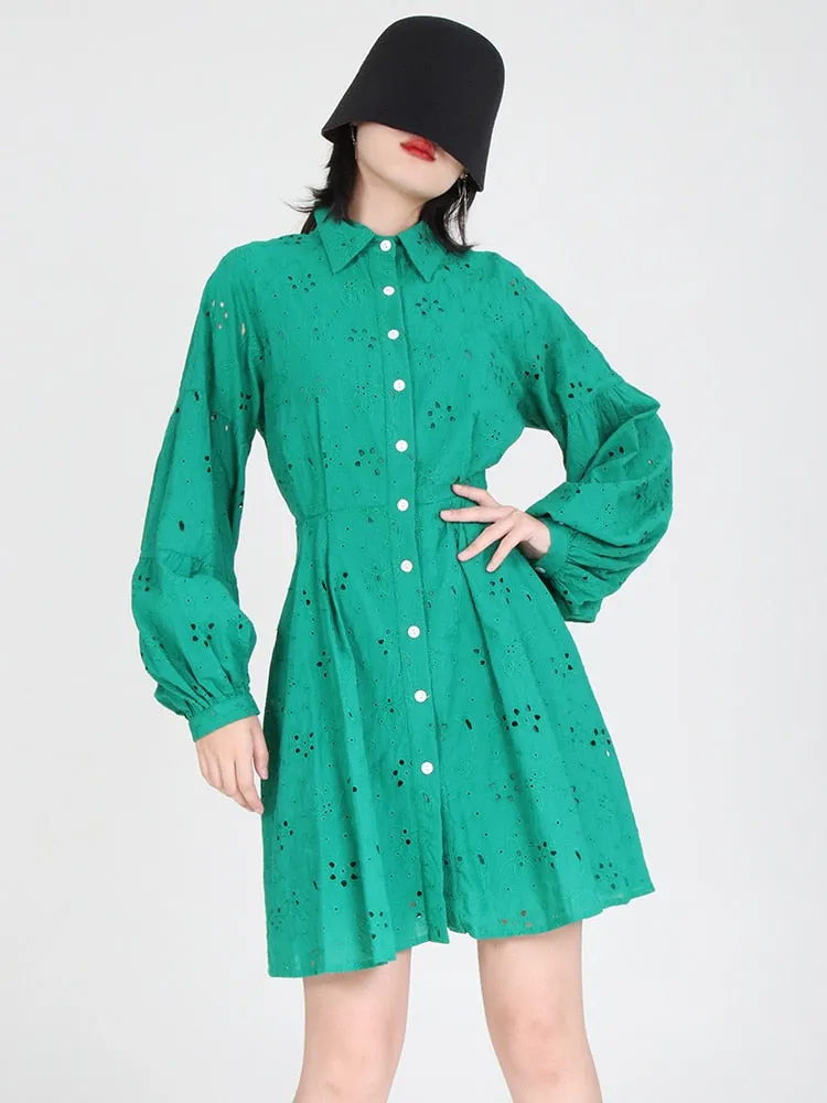 Cut Out Solid Dress For Women Lapel Lantern Sleeve High Waist Minimalist Mini Dresses Female Clothing Fashion