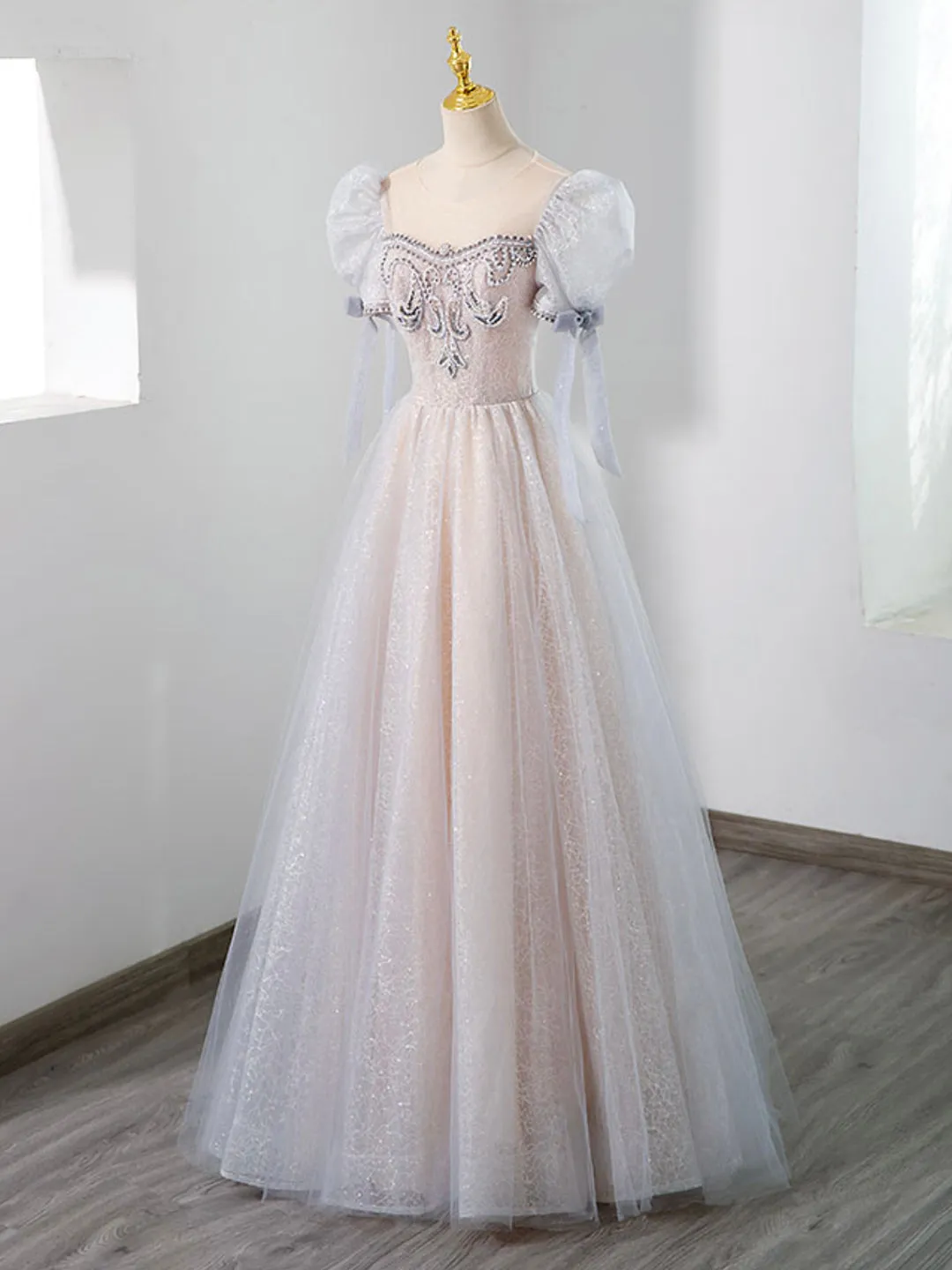 Cute Tulle Beaded Long Prom Dress, A-Line Short Sleeve Evening Dress