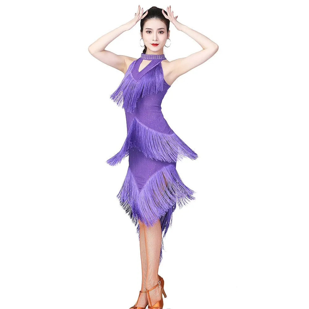 Dazzling Dance Salsa Samba Dress High Neck Spandex Fringes Latin Sleeveless