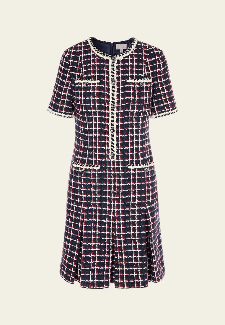 Dignified Pleat-detailed Tweed Dress