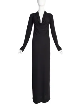 Donna Karan Vintage 1990s Black Rayon Jersey Body Con Dress Gown with Draping Neckline