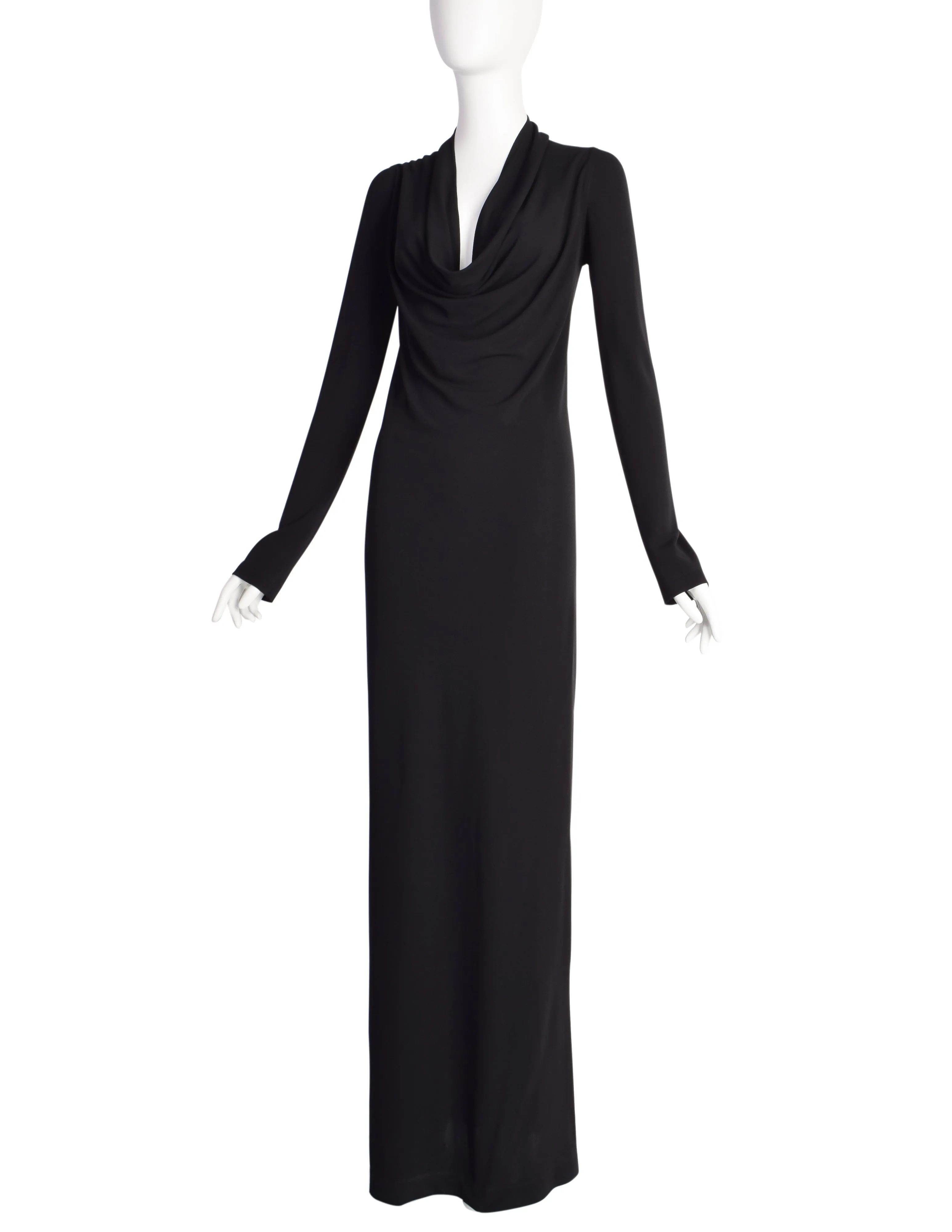 Donna Karan Vintage 1990s Black Rayon Jersey Body Con Dress Gown with Draping Neckline