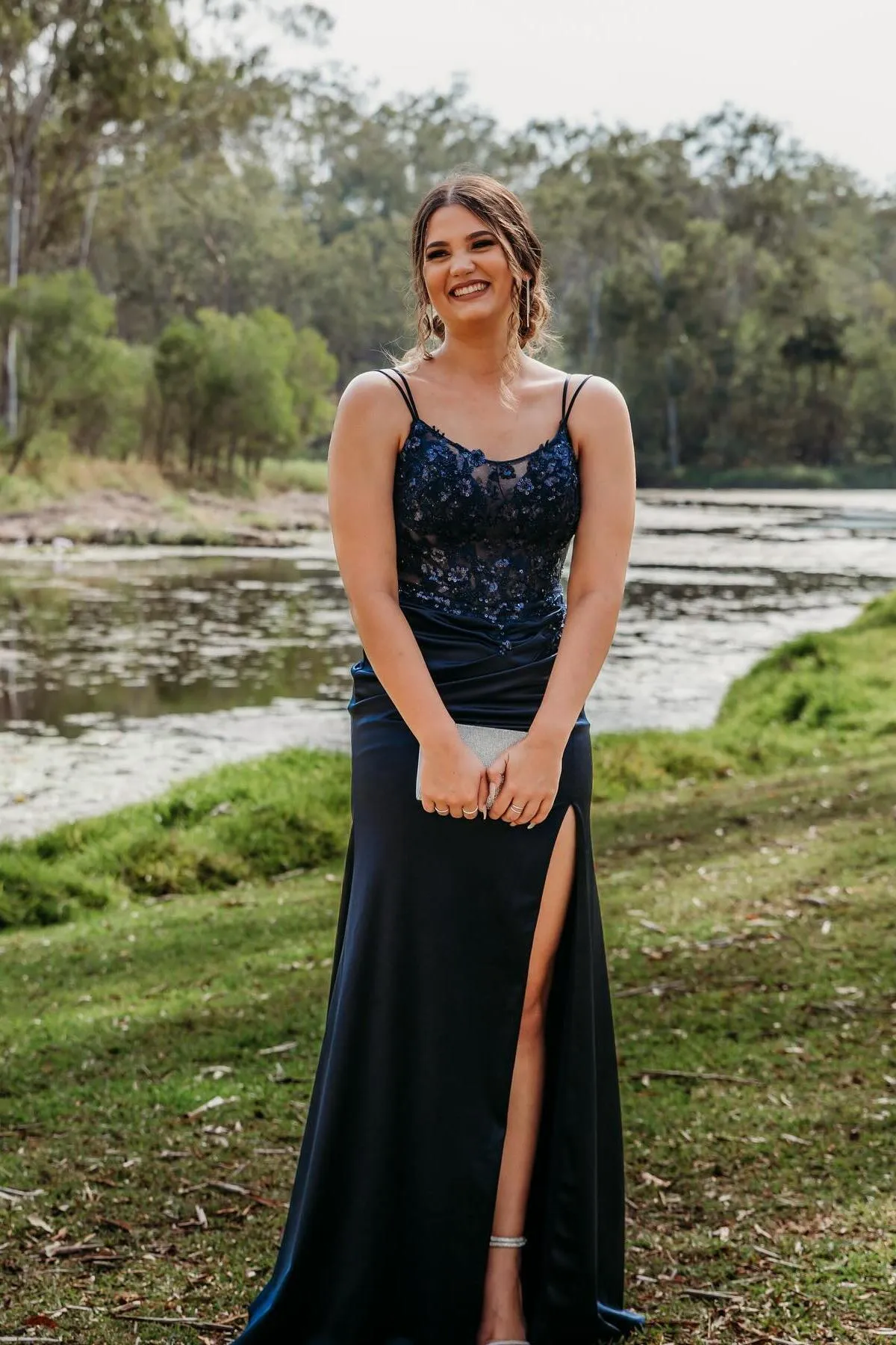 Double Straps Navy Blue Sequin Long Dress