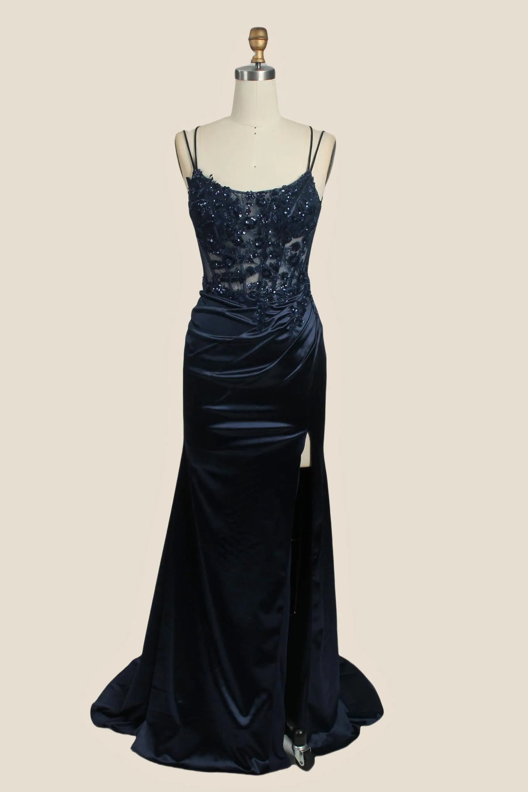 Double Straps Navy Blue Sequin Long Dress