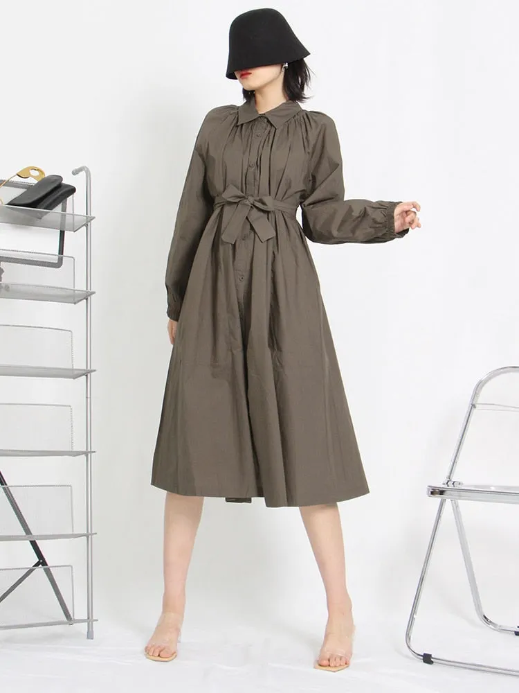 Elegant Dresses For Women Lapel Long Sleeve Loose Solid Minimalist Midi Dresses Female Spring Clothing Fashion