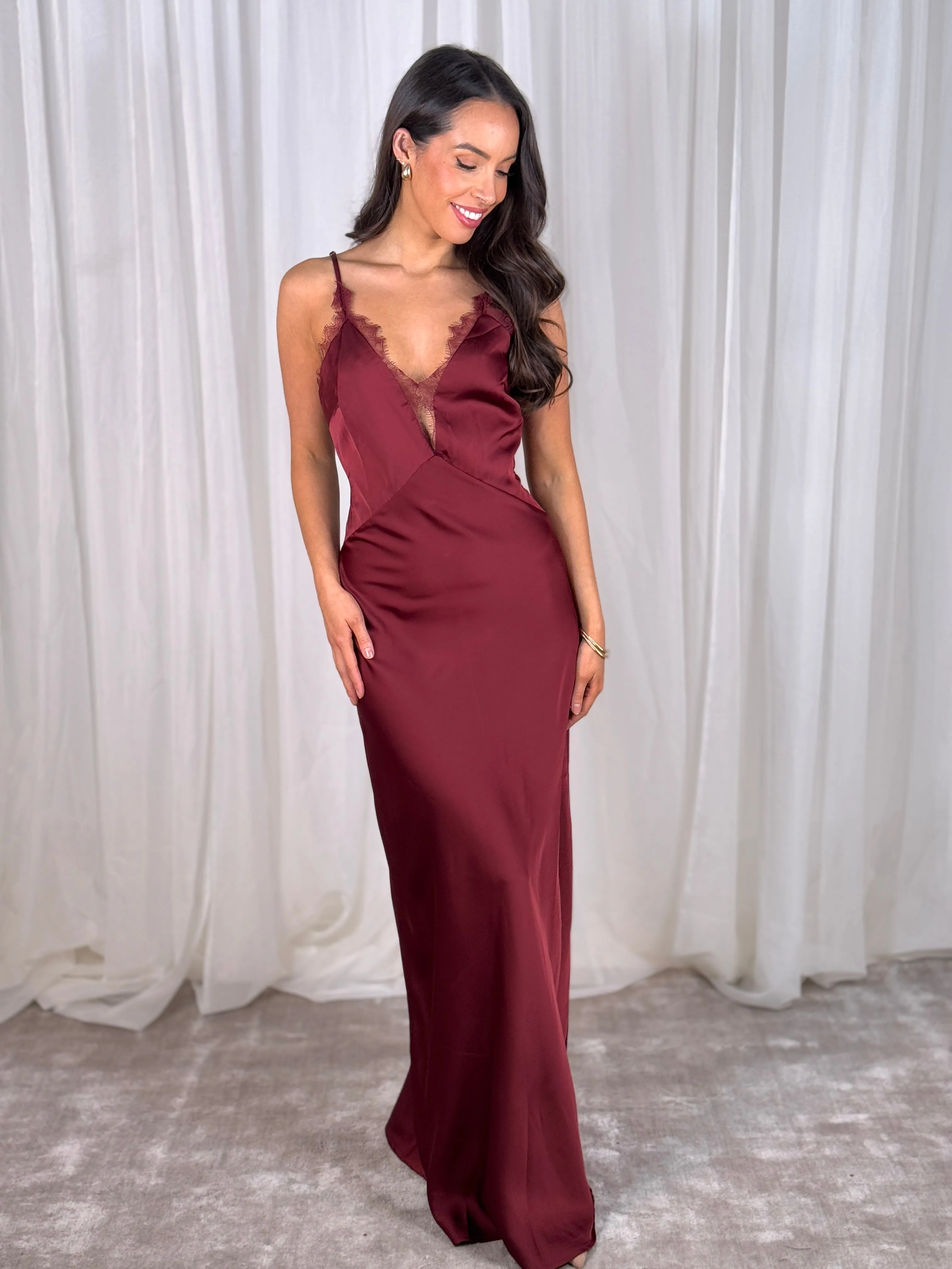 Elsa Lace Trim Maxi Dress In Wine