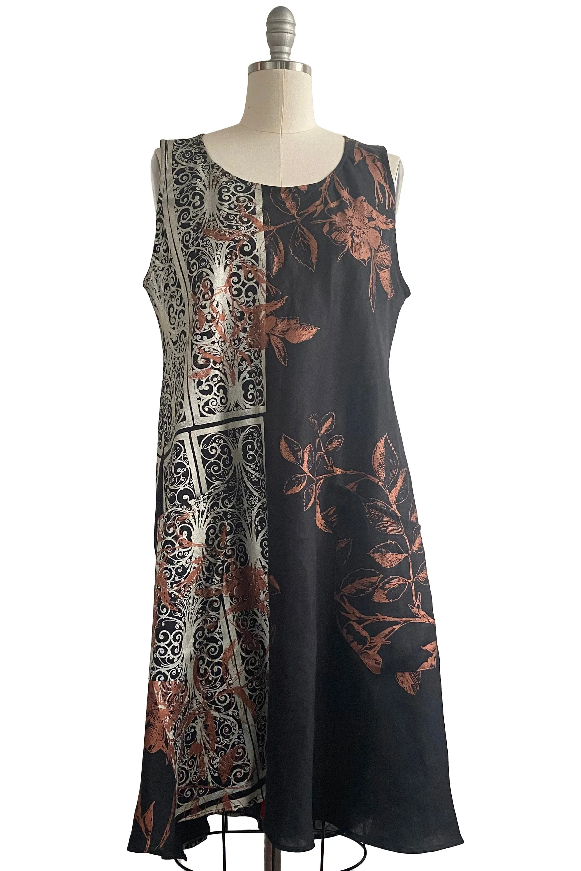 Emilia Dress w/ Camelia Print - Black, Silver & Copper - Medium