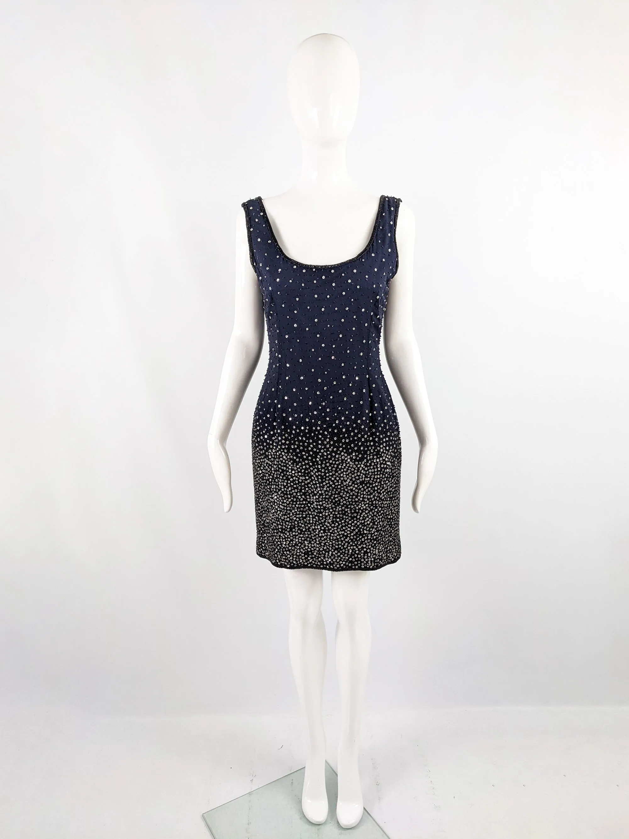 Escada Couture Vintage Blue Beaded Silk Party Dress, 1990s