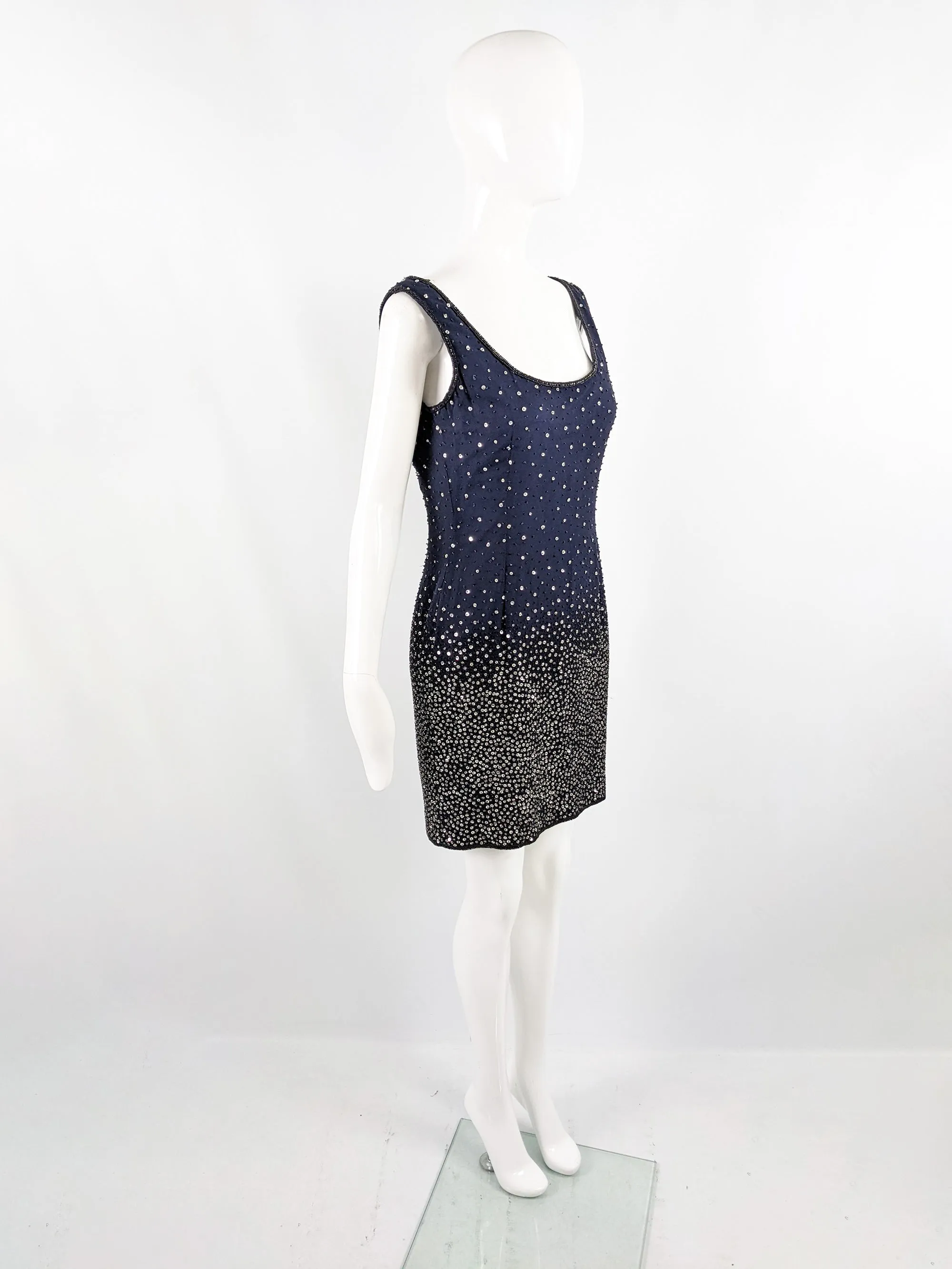 Escada Couture Vintage Blue Beaded Silk Party Dress, 1990s