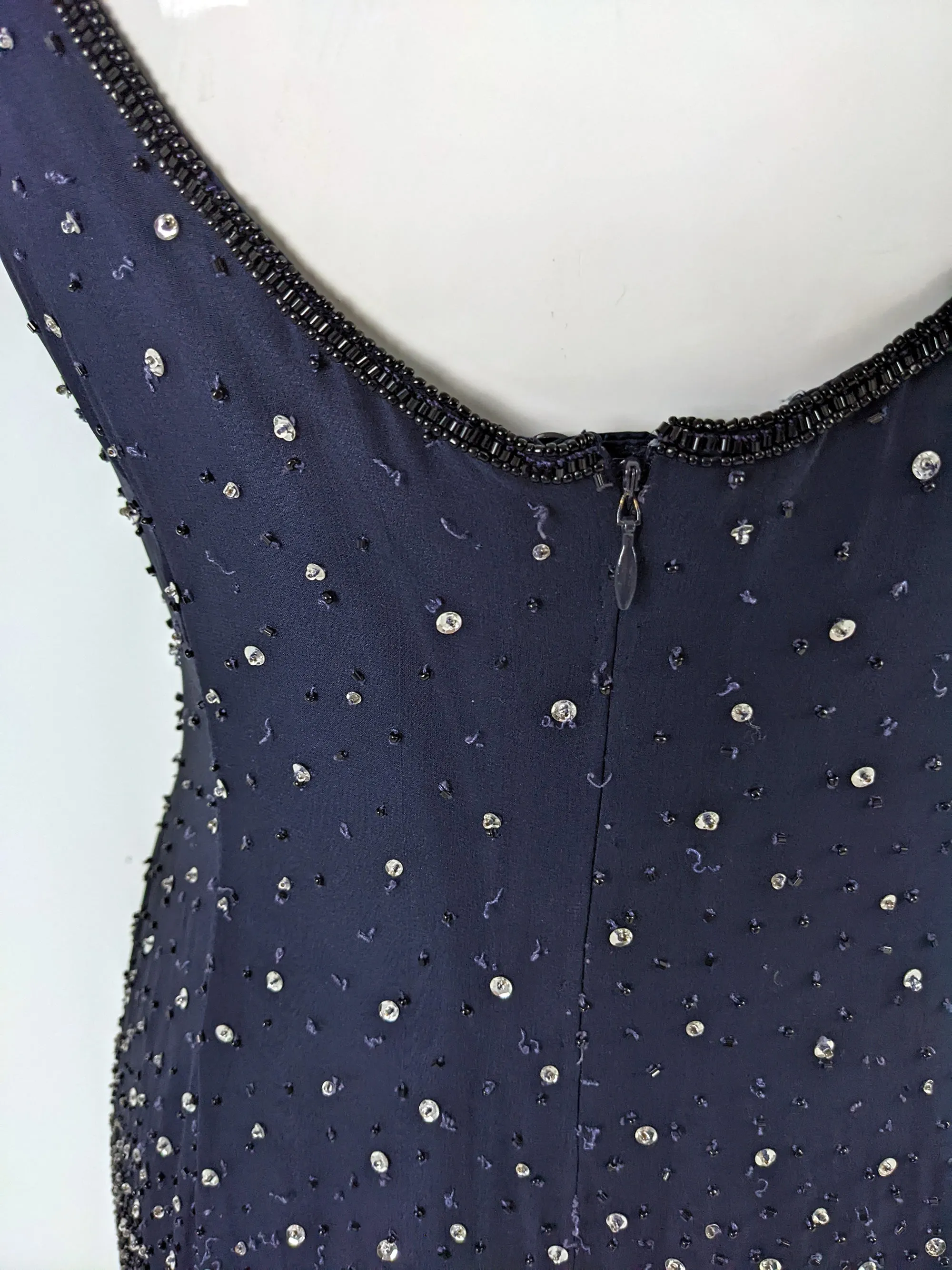 Escada Couture Vintage Blue Beaded Silk Party Dress, 1990s