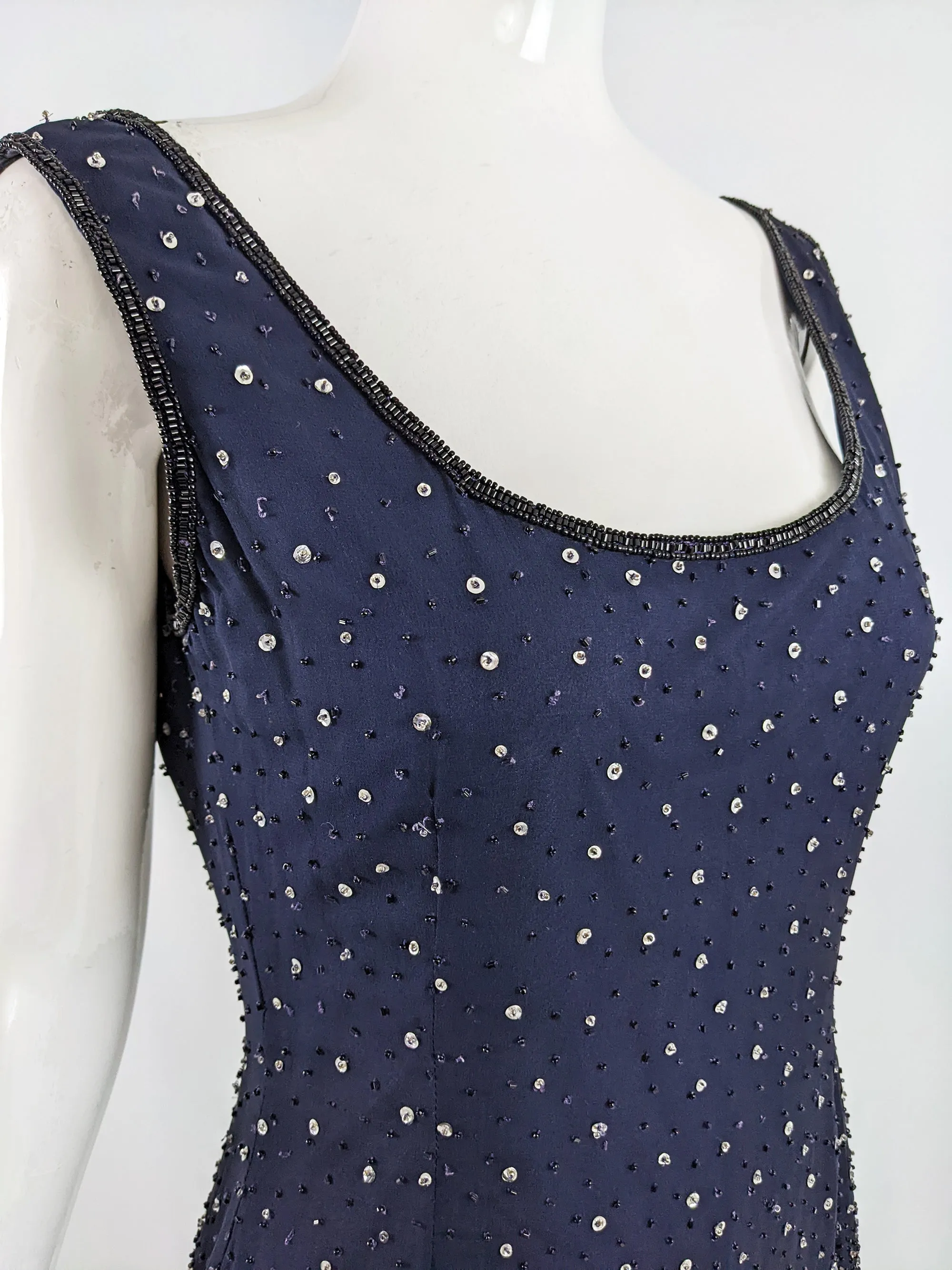 Escada Couture Vintage Blue Beaded Silk Party Dress, 1990s