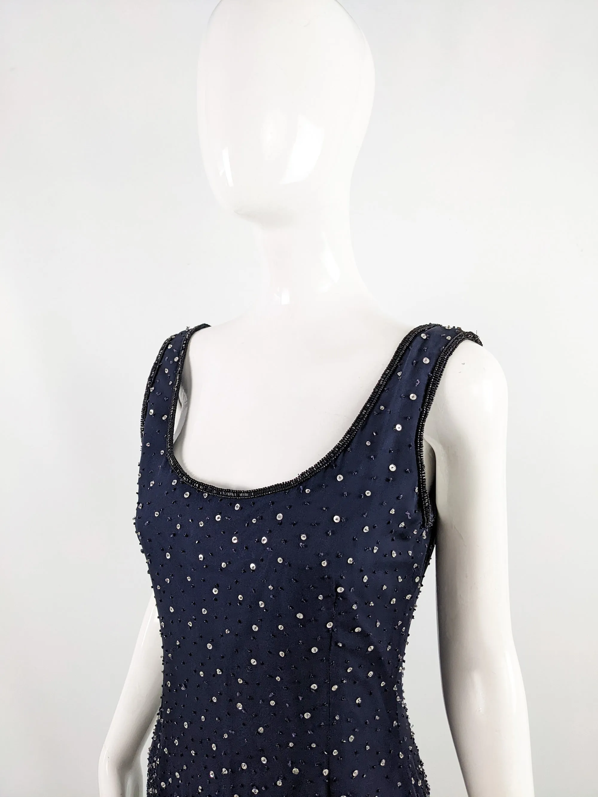 Escada Couture Vintage Blue Beaded Silk Party Dress, 1990s