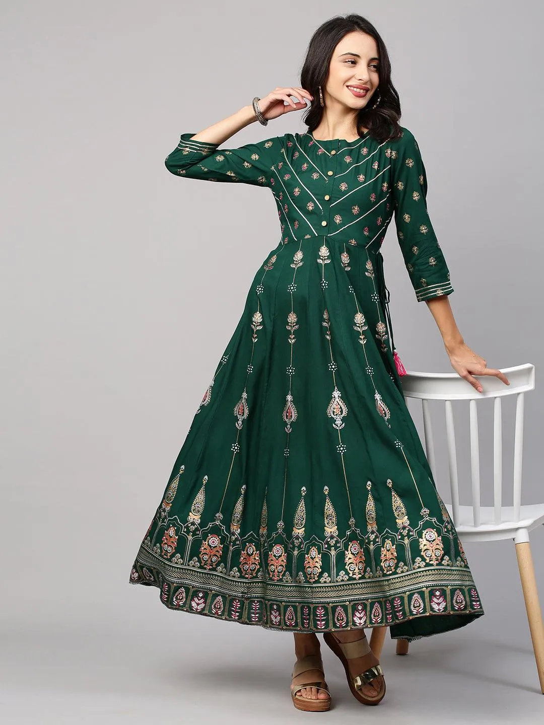 Ethnic Floral Foil Printed & Embellished Maxi Dress - Emerald Green