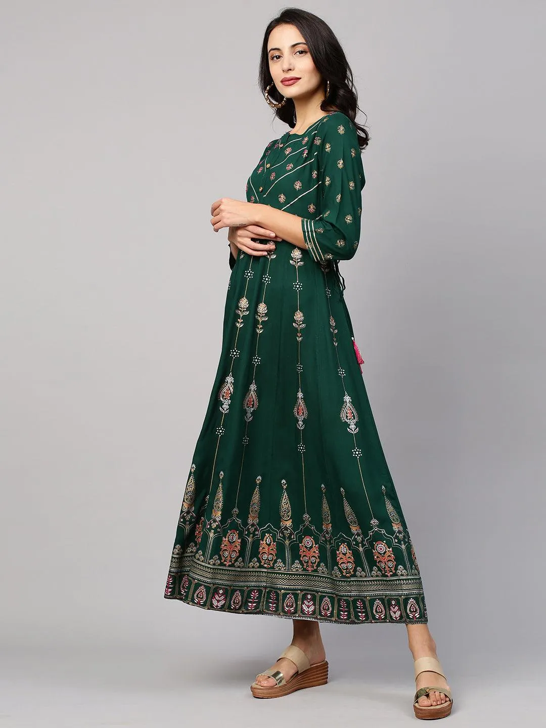 Ethnic Floral Foil Printed & Embellished Maxi Dress - Emerald Green