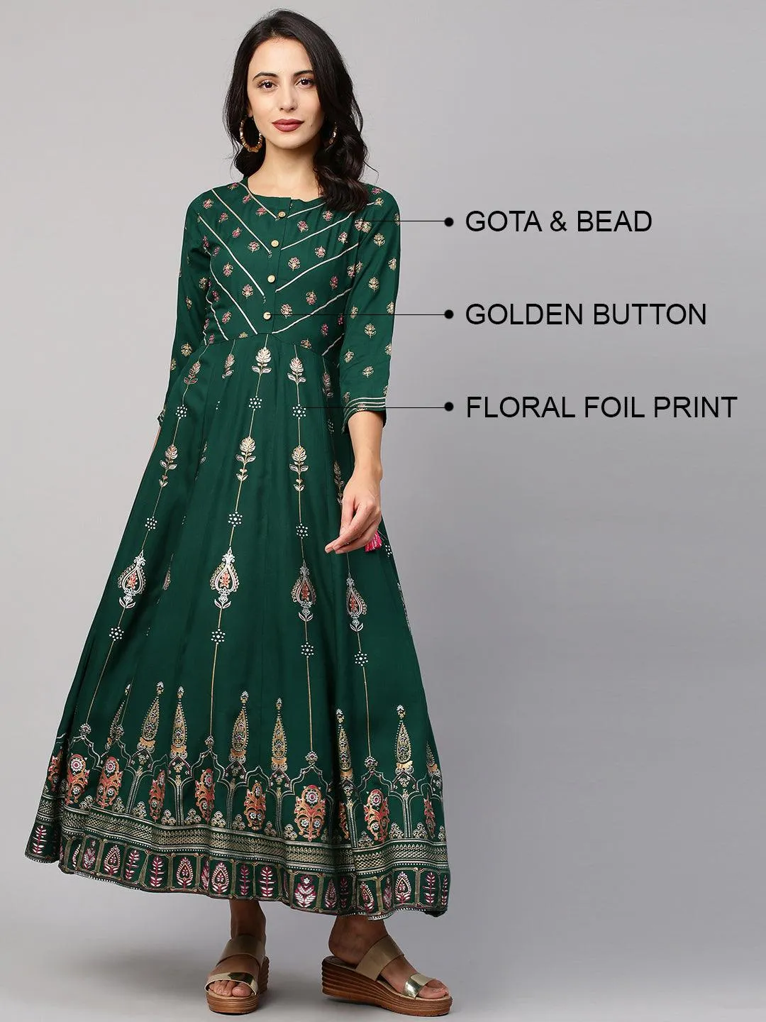 Ethnic Floral Foil Printed & Embellished Maxi Dress - Emerald Green