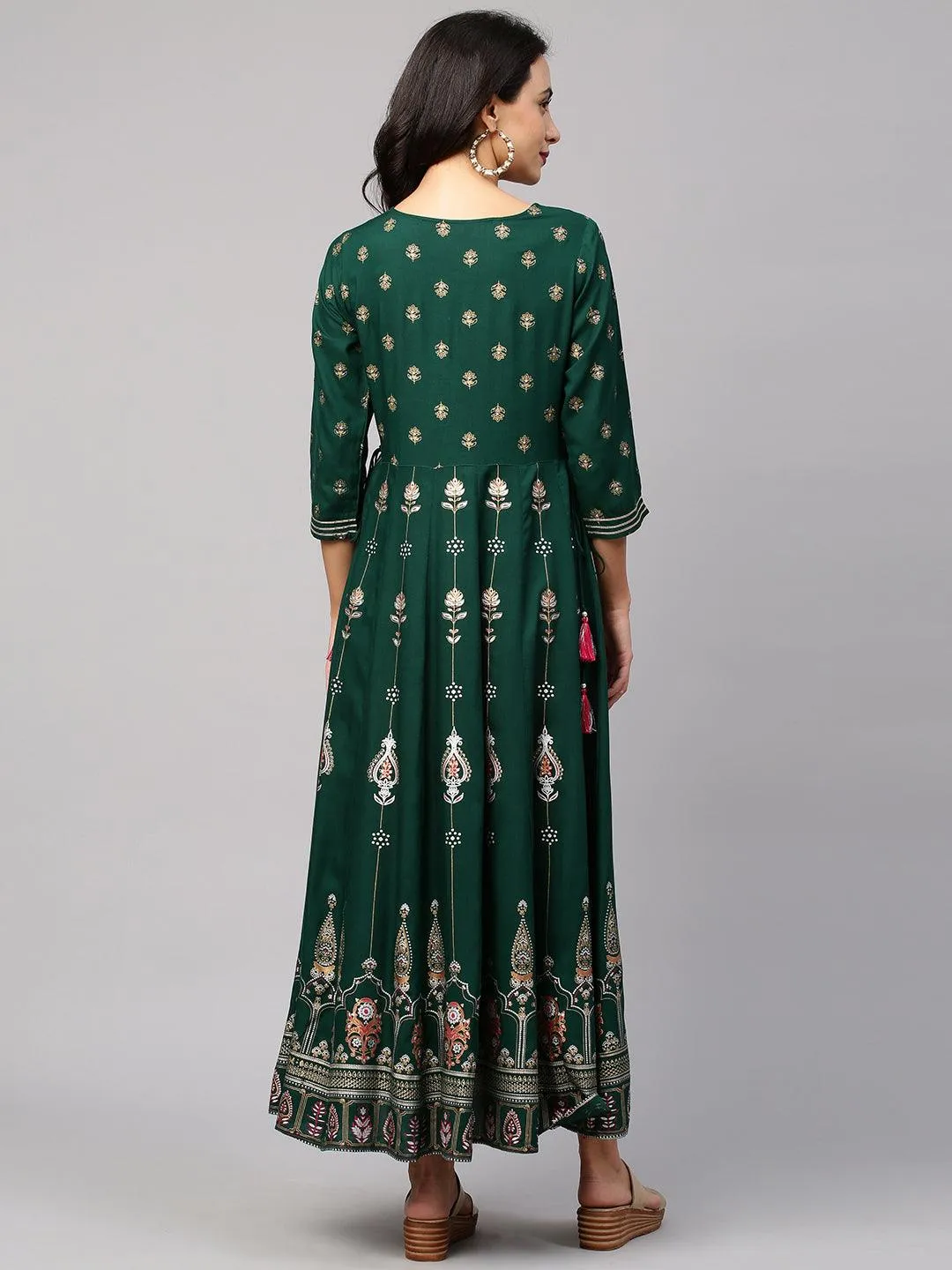 Ethnic Floral Foil Printed & Embellished Maxi Dress - Emerald Green