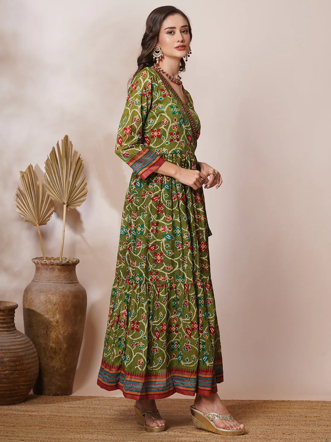 Ethnic Floral Printed & Embroidered A-Line Pleated Maxi Dress - Green