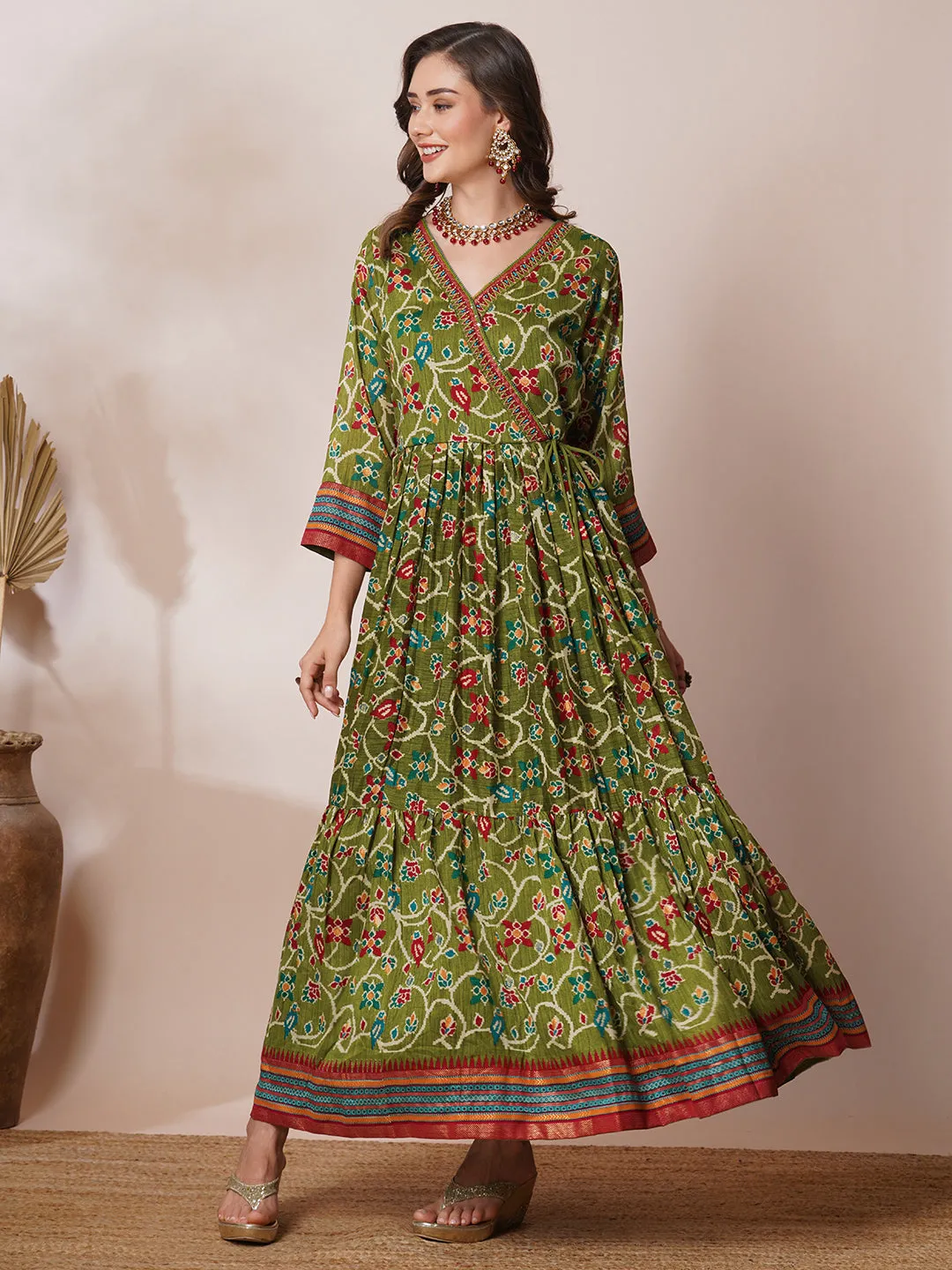 Ethnic Floral Printed & Embroidered A-Line Pleated Maxi Dress - Green