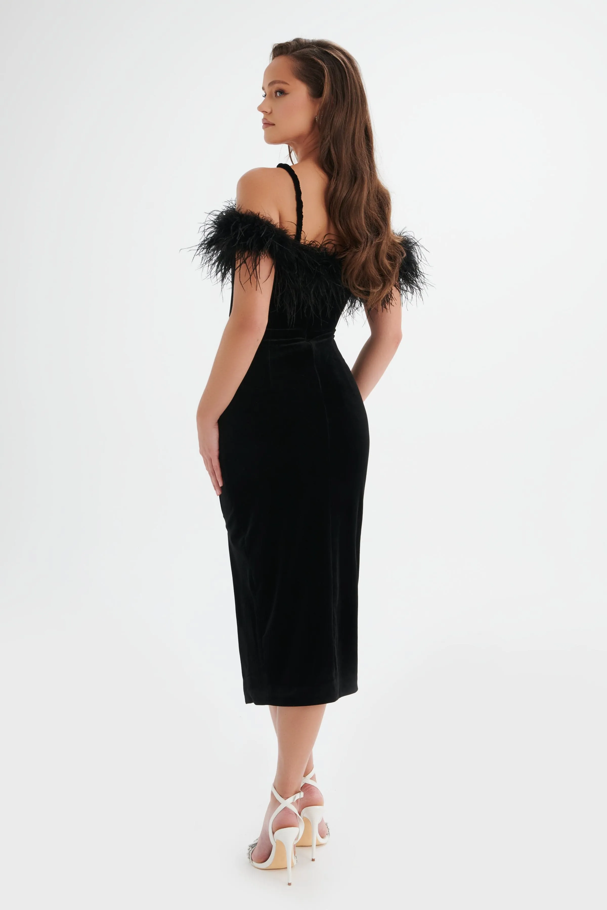 EVA Feather Bardot Velvet Longline Dress in Black