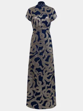 Fabienne Long C Dress in Navy Jet Adder Embroidery