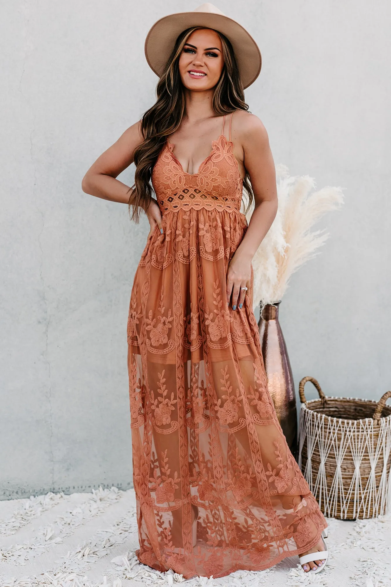 Fairytale Beginnings Lace Maxi Dress (Brick)