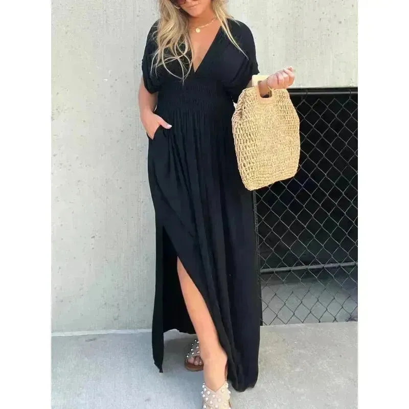 Fashion Bat-sleeved V-neck Slit Dress Summer Beach Short Sleeve Elastic Waist Split Long Dresses Womens Clothing