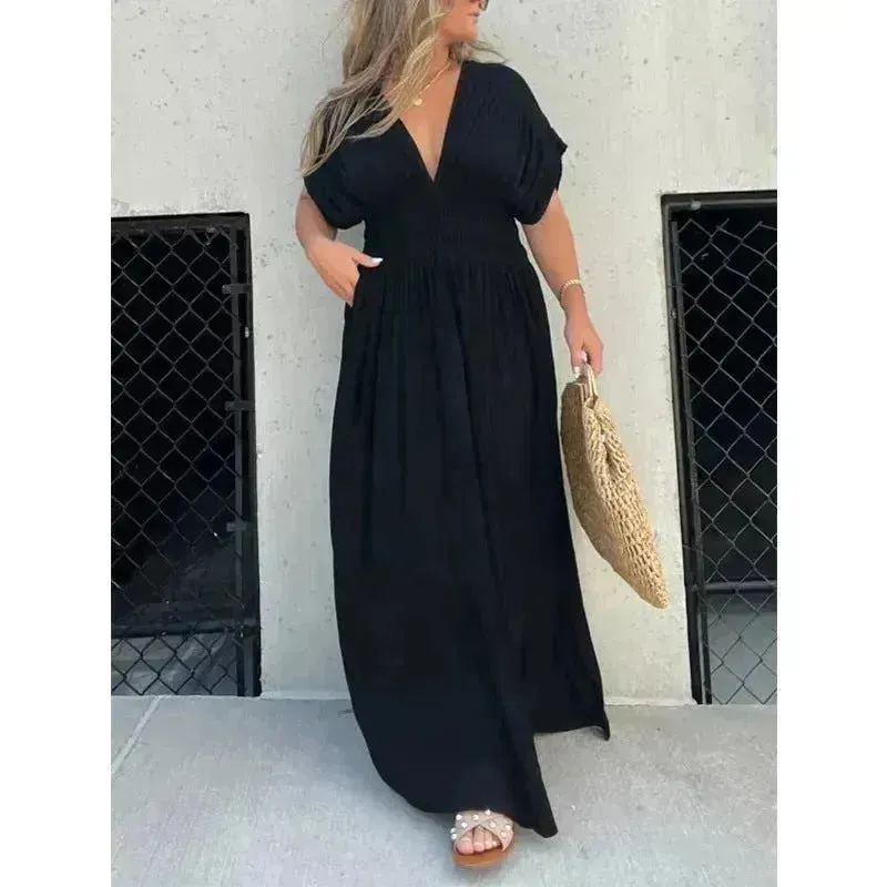 Fashion Bat-sleeved V-neck Slit Dress Summer Beach Short Sleeve Elastic Waist Split Long Dresses Womens Clothing