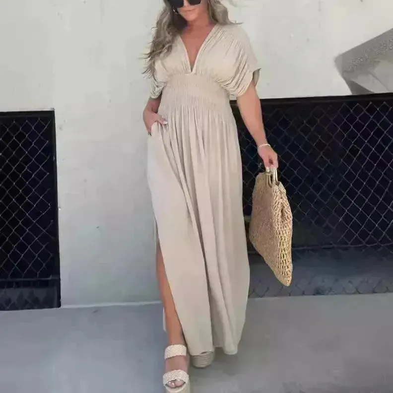 Fashion Bat-sleeved V-neck Slit Dress Summer Beach Short Sleeve Elastic Waist Split Long Dresses Womens Clothing