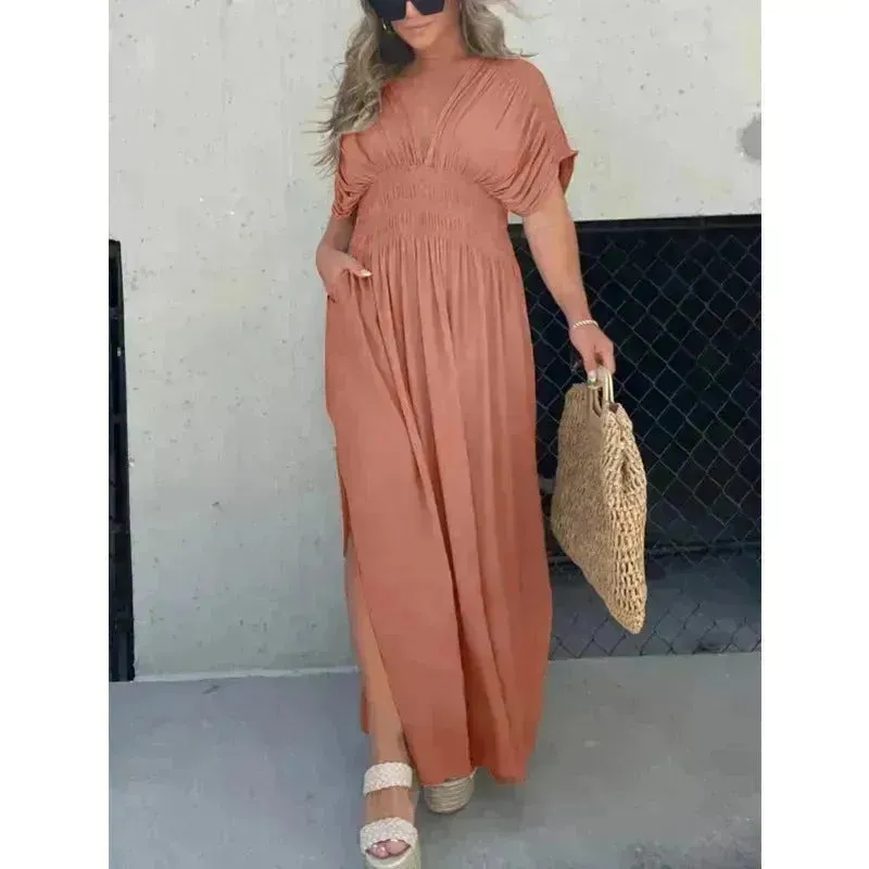 Fashion Bat-sleeved V-neck Slit Dress Summer Beach Short Sleeve Elastic Waist Split Long Dresses Womens Clothing