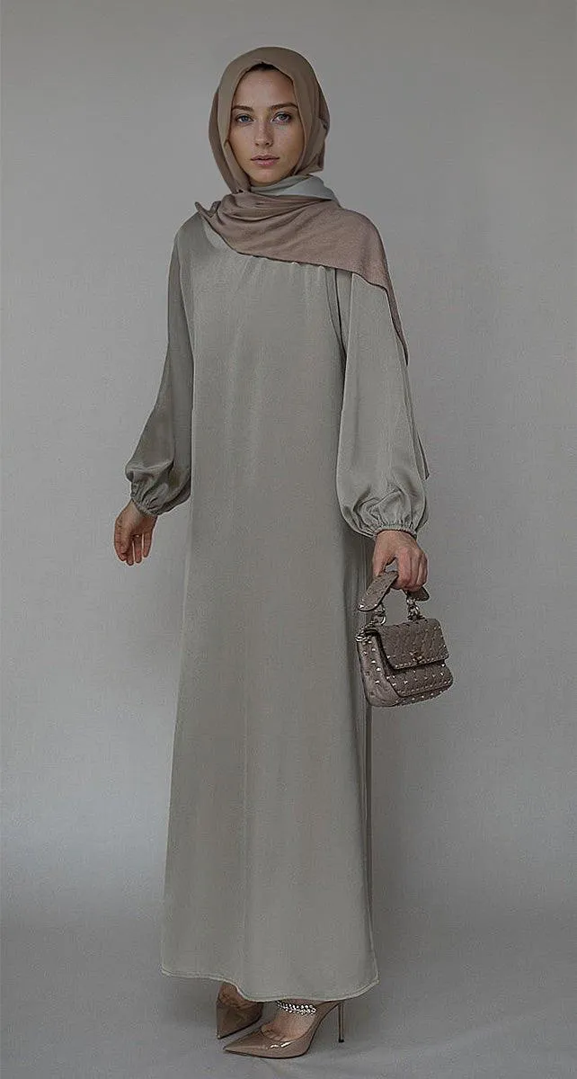 Fleeur maxi abaya dress with detached apron elasticated sleeve like tie waist piece in satin gray